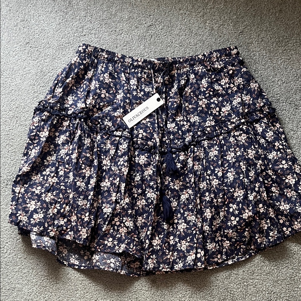 Oliviaceous Navy Floral Tiered Mini Skirt with tassel ties.